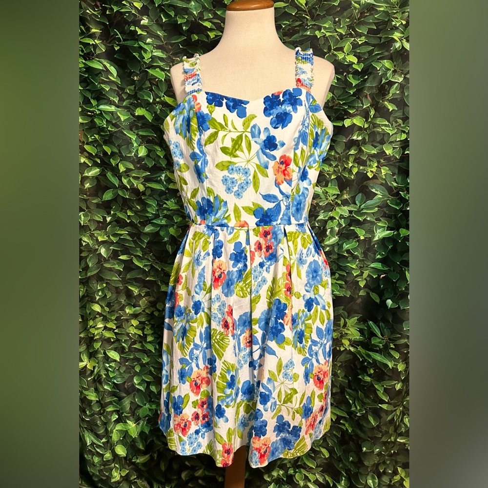 ROZ & ALI Floral Sleeveless Summer Dress White Blue Womens 14